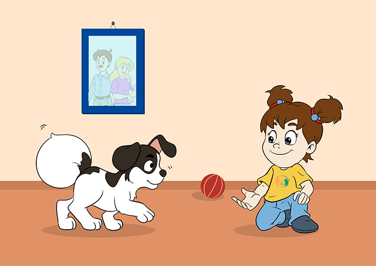 immagine di un bimbo che gioca con il cane con una palla