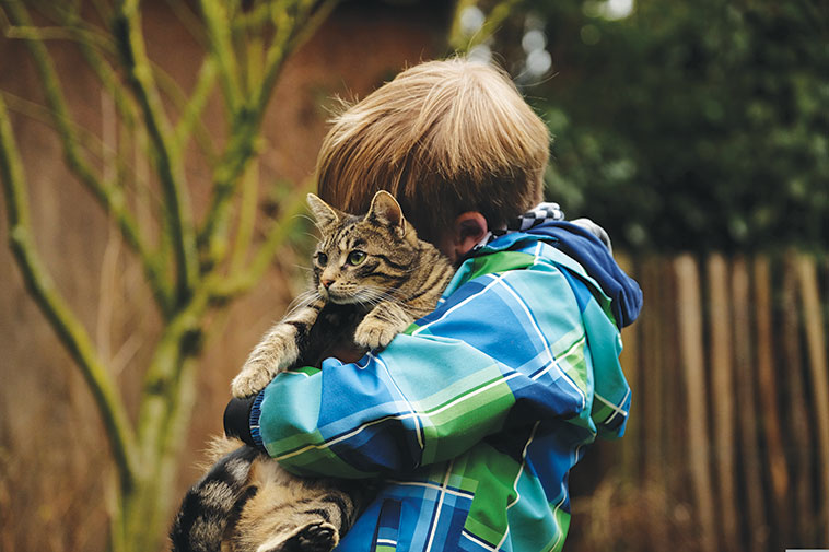 Bimbo ch e abbraccia una gatto per animale e bambini